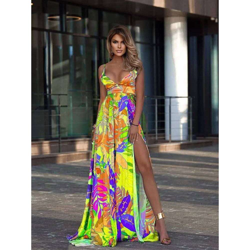 Color Print Spaghetti Strap Long Dresses Women Sexy Deep V-neck Backless Slit Dress Fashion Bohemian Beach Vacation Maxi Vestido C260312