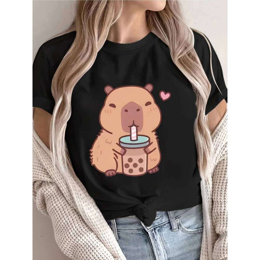 Women's Casual Sleeve T-Shirt with Cute Capybara Drinking Bubble Tea Graphic Summer Short Sleeved Harajuku Streetwear Tops Z260312