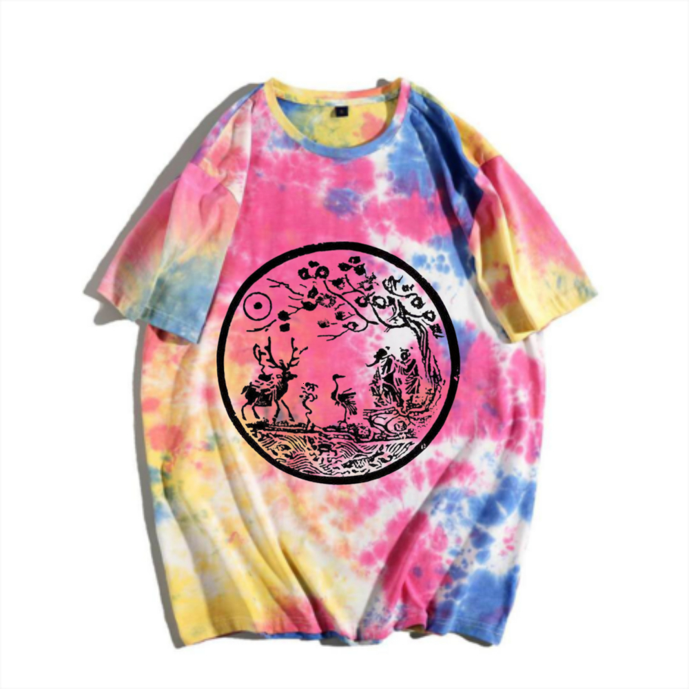 China-Chic New Chinese Style Deer Crane Tie Dyed Short Sleeve T-shirt Ink Gradual Change Traditional Auspicious Pattern Print Men's Summer Versat
