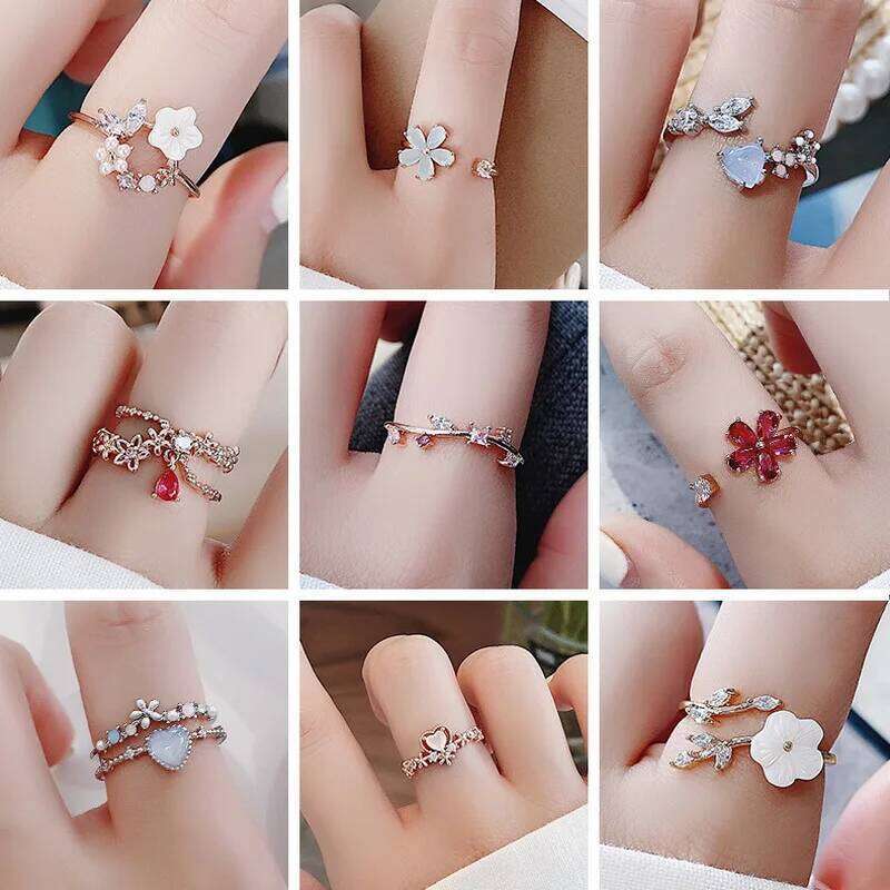 Korean CZ Sweet Crystal Zircon Heart Ring For Women Exquisite Shell Flower Opening Finger Rings Girls Princess Wedding Jewelry H260312