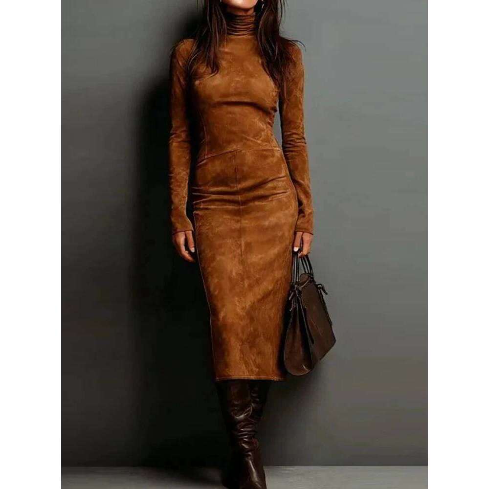 Women Holiday Long Sleeve Sheath Autumn Winter Solid Patchwork Chic Party Dress, Simple Elegant Turtleneck Ladies Dress C260312
