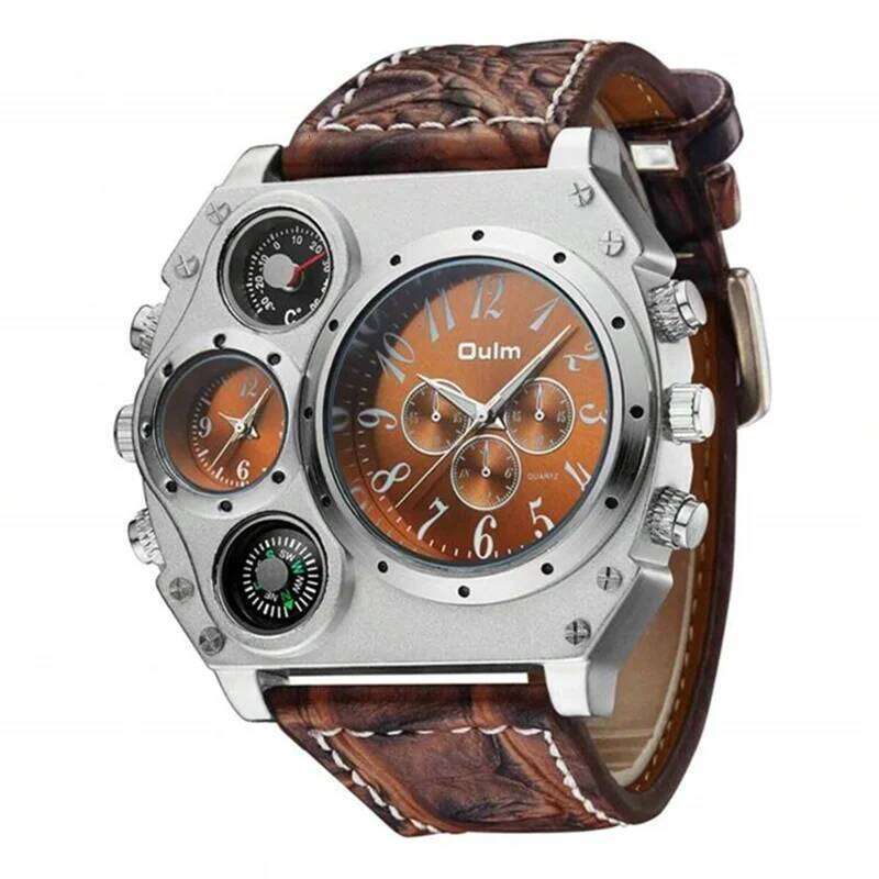 Oulm Fashion Casual Night Light Dual Time Zone Large Dial Leather Strap Men's Quartz Watch reloj hombre