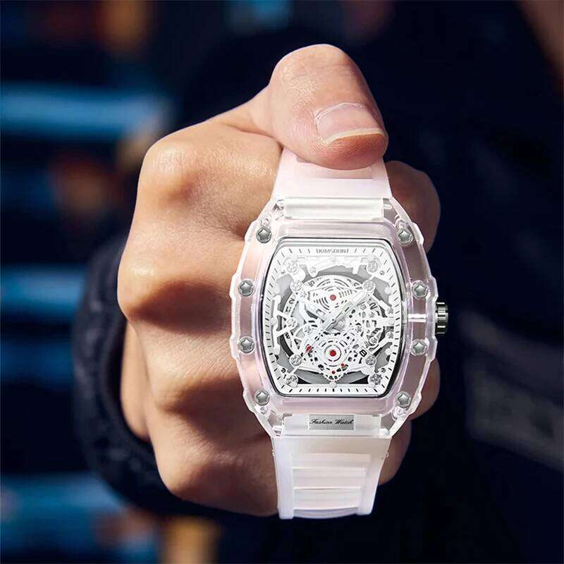 Fashionable Casual Men's Luminous Calendar Function Silicone Strap Tonneau Shaped Transparent Case Men Quartz Watch Reloj