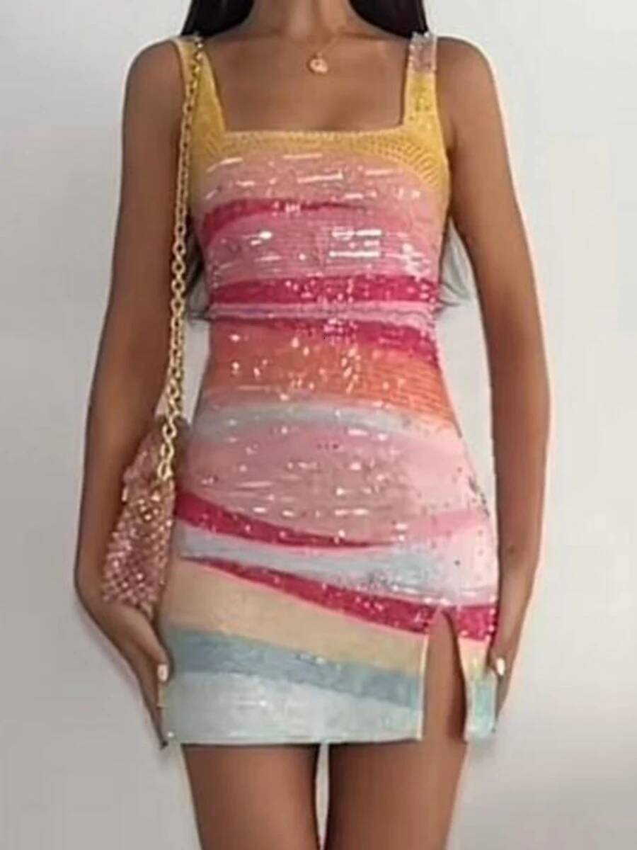 Elegant Lady Fit Banquet Short Fashion Sequins Sleeveless Halter Evening Summer New Women High Waist Wrap Hips Dress