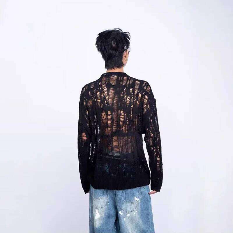 Vintage Ripped Hollow Out Mesh Knit Sweater Men Autumn Streetwear Fashion Crew Neck Long Sleeve Knitted T Shirt Mens Clothing