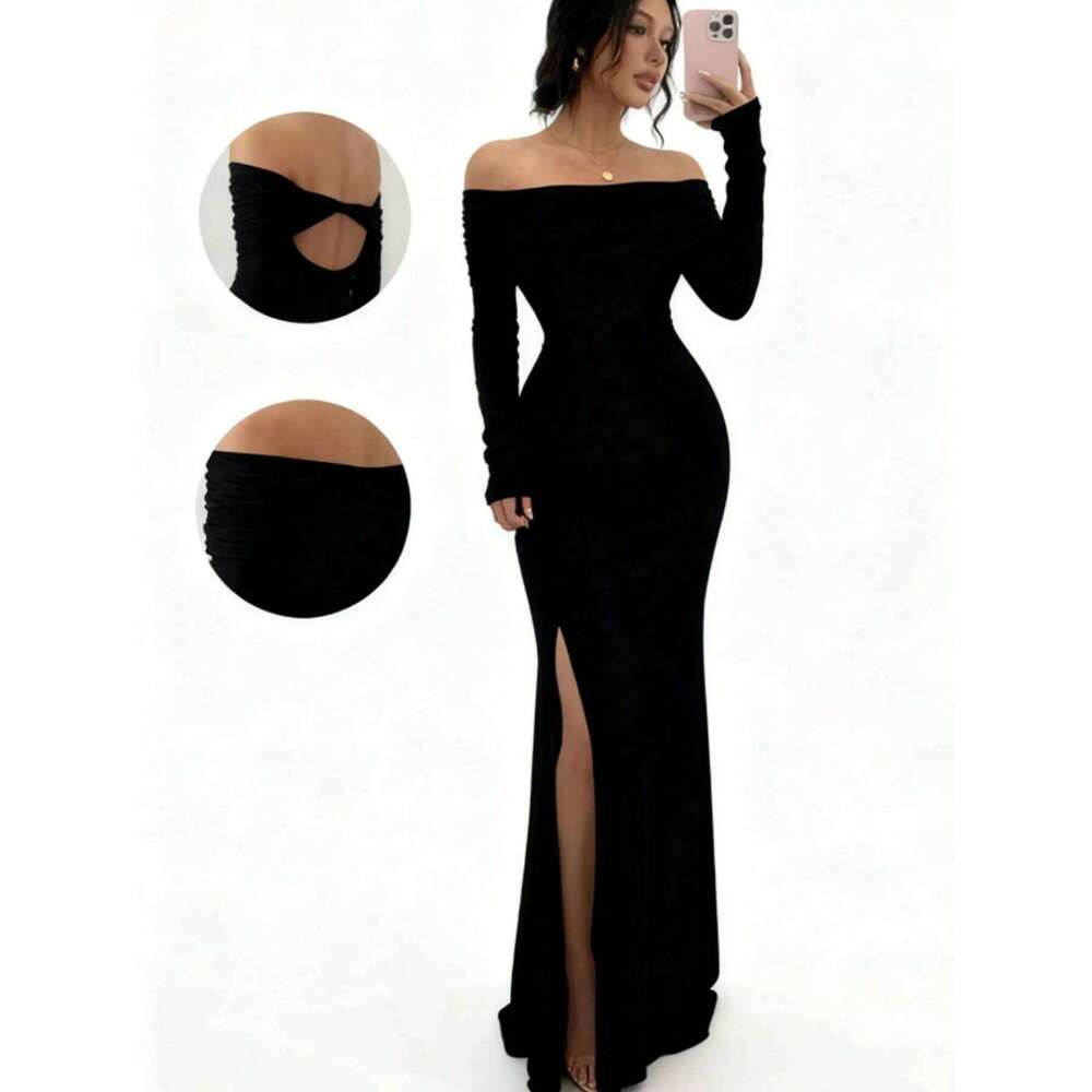 Women's Off-Shoulder Bodycon Dress - Long Sleeve High Slit Bandage Dress, Chic Figure-Hugging Midi C260312
