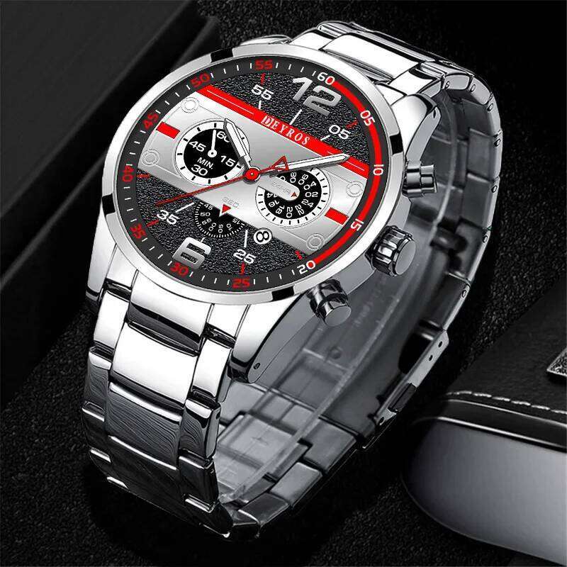 5Pcs/Set Casual Fashion Men, Silver Stainless Steel Round Dial with Date Quartz Watch Set for Men