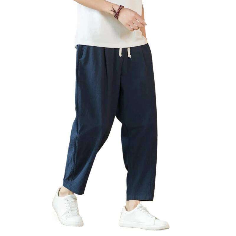 New Cotton Linen Mens Casual Solid Color Breathable Streetwear Loose Straight Drawstring Baggy Lightweight Sport Pants