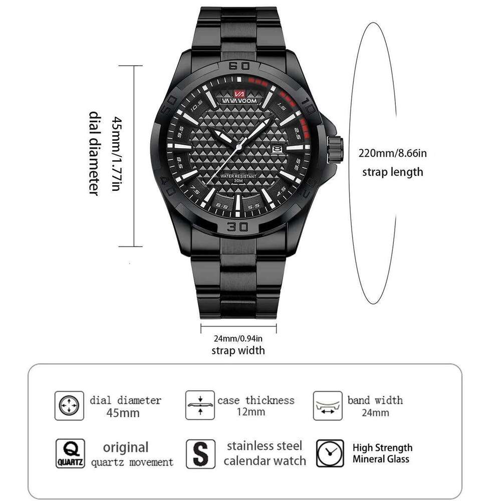 Stainless Steel Quartz Watch Business Fashion 45mm Calendar Clock Silver Sports 3Bar Waterproof Gift Wristatch for Men Reloj