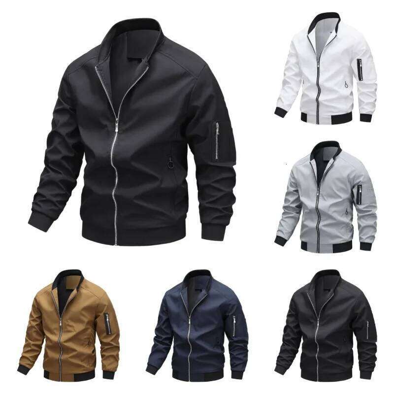 Men's Stand Collar Up Bomber Jacket with Multiple Zip Pockets Functional Casual Windbreaker for Daily and Outdoor Wear 26H0311