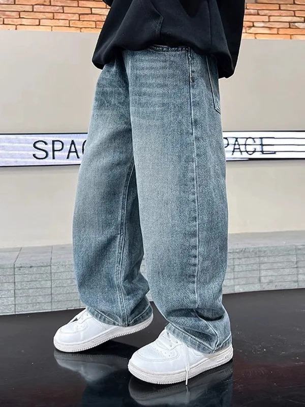 Trendy HighQuality Boys Jeans Soft Loose Straight Leg Wide Casual Versatile Childrens Pants 260311
