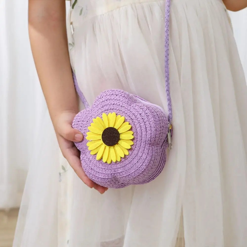 Durable Straw Crossbody Bag Flower Woven Shoulder Handbag Girls Kids 260311