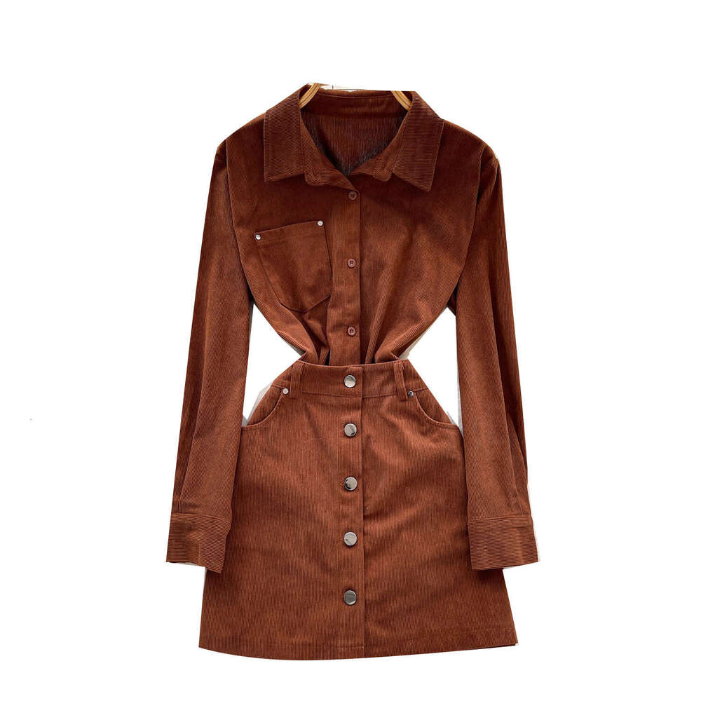 Designer's high-end niche corduroy dress, a18 women's standing collar long sleeved autumn and winter waist cinching slimming single breasted
