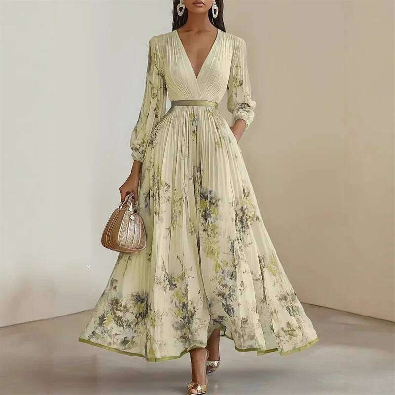 New Spring Summer Ladies Elegant Sexy V-neck Print Long Sleeve Big Swing A-line Holiday Dress Women Maxi Dresses Clothing C260312