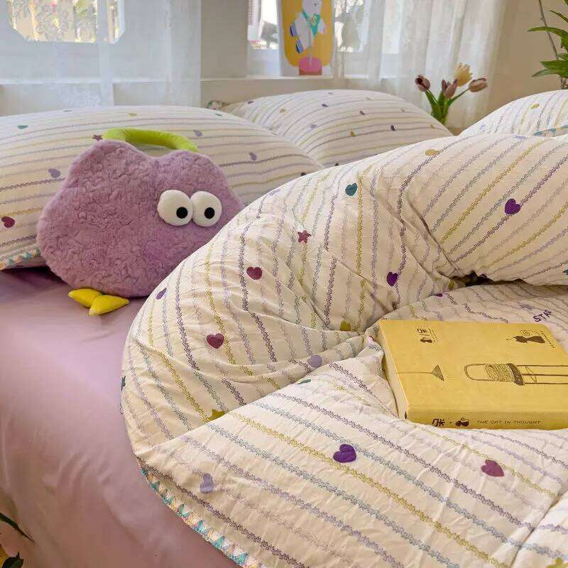 Ins Bedding Purple Love Stripe Double Layer Yarn Four Piece Dormitory Girl Heart Bed Sheet And Quilt Set Washed Cotton H260312
