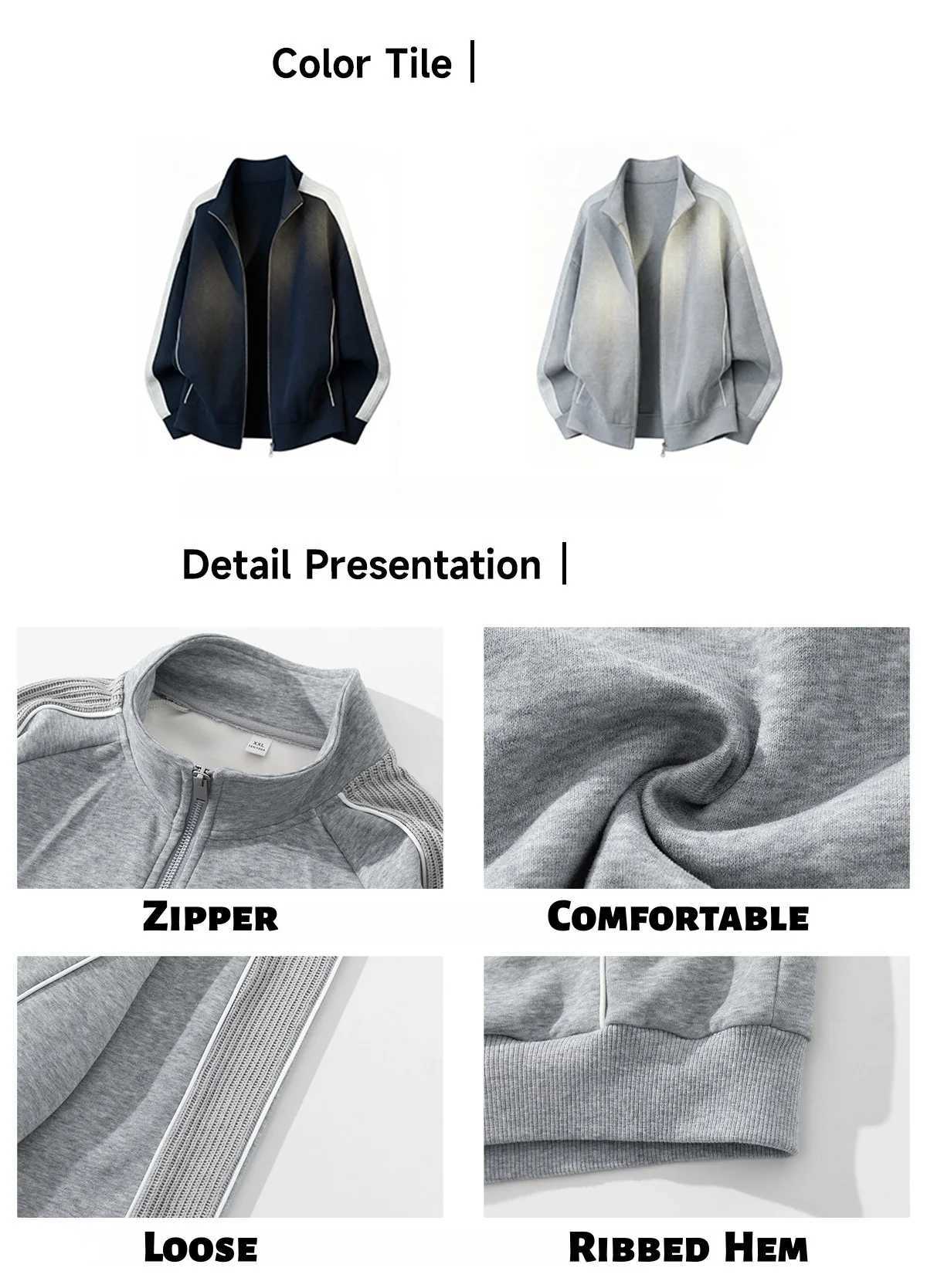 Clashing Colour Patchwork Cardigan Hoodie Mens Stand Collar Jacket Zip-Up Casual Outerwear Soft and Versatile M260312