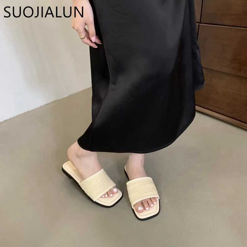 SUOJIALUN Summer New Women Slipper Fashion Square Toe Open Toe Slip On Slides Soft Flat Heel Ladies Vaction Outdoor Shoes K260312