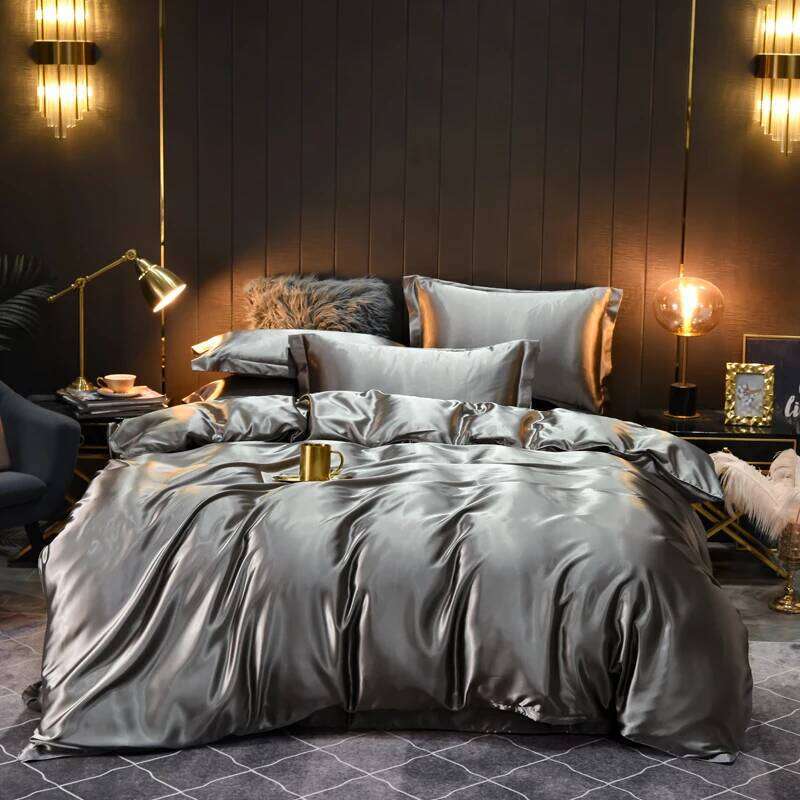 Smooth Satin Bedding Set Solid Color Duvet Bedsheet Pillowcase Single Double King Queen Full Twin Size Quilt Cover H260312