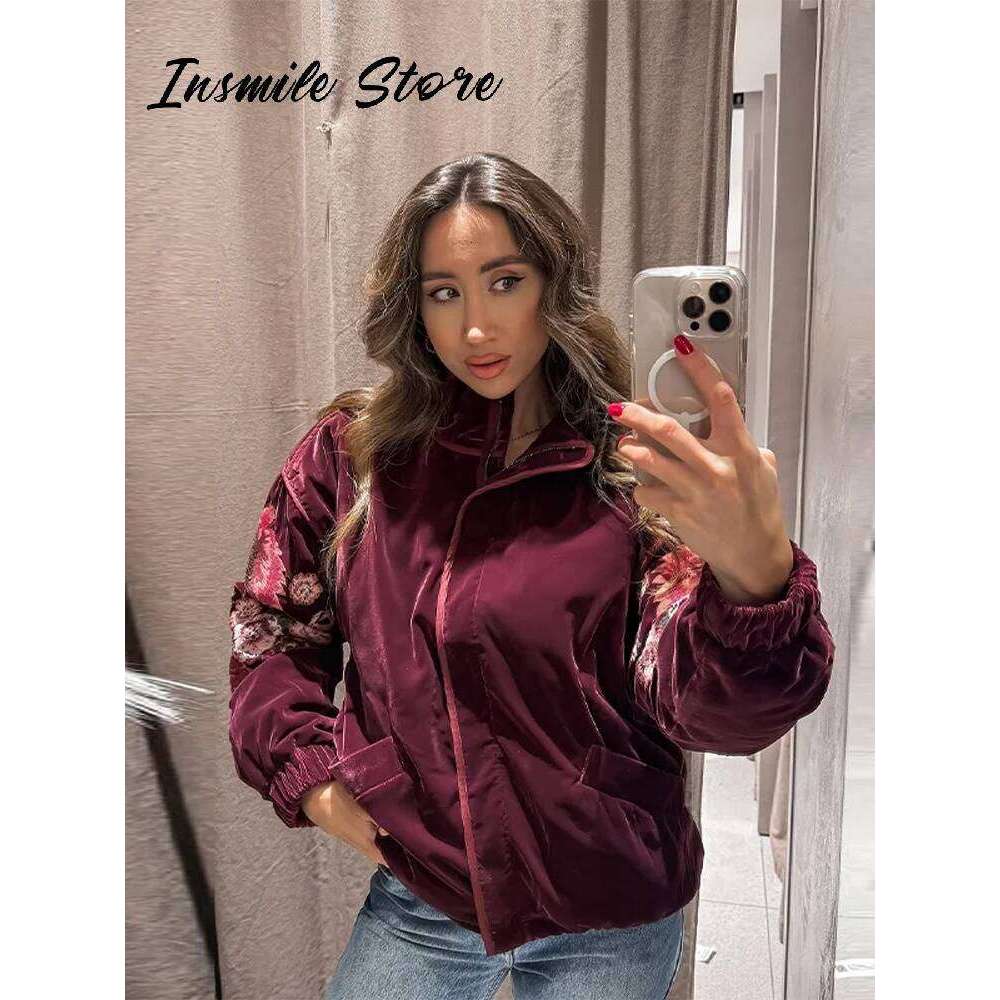 Fashion Embroidery Jacket Women Stand Collar Zipper Full Sleeve Pockets Red Coat 2025 Autumn Lady Casual Vintage Outwear Asia Size