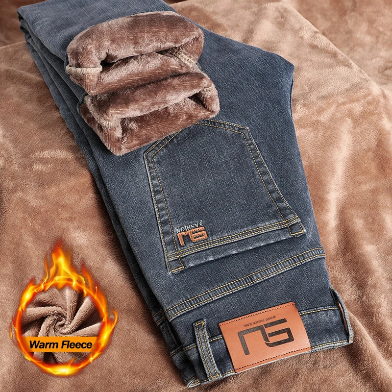 Winter Thickened Fleece Jeans Mens High Quality Slim Straight Elastic Casual Denim Pants Warm Plush Velvet Fashion Trousers 260228