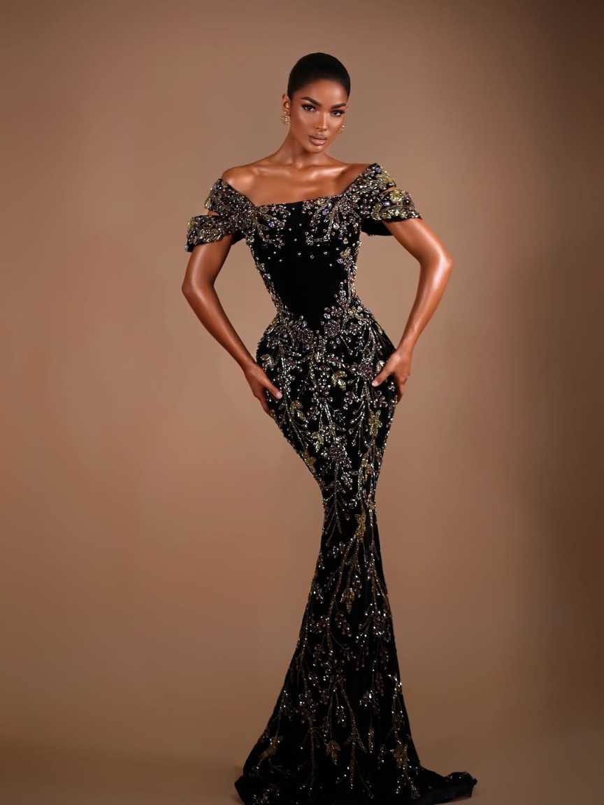 Black Sparkling Crystal Evening Dress With 3D Leaf Short Sleeve Mermaid Long Party Gown Customized Luxury Prom Dresses