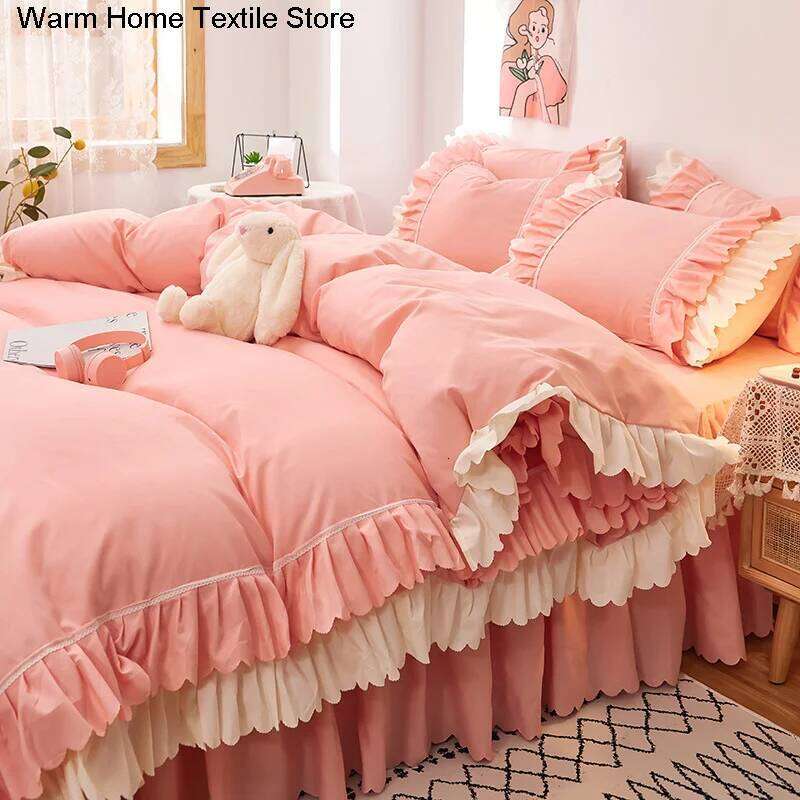 Pink Lace Ruffle Bedding Set Bed Skirt Sheet Korean Duvet Cover Girls Princess Bedspread Pillowcases H260312
