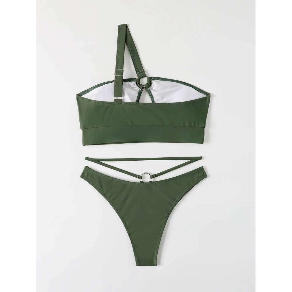 sexy cut one shoulder high waist Bikini Set swimsuit Metal Ring bikini summer hollow out swimwear biquini tankini 2024 mujer Y260303