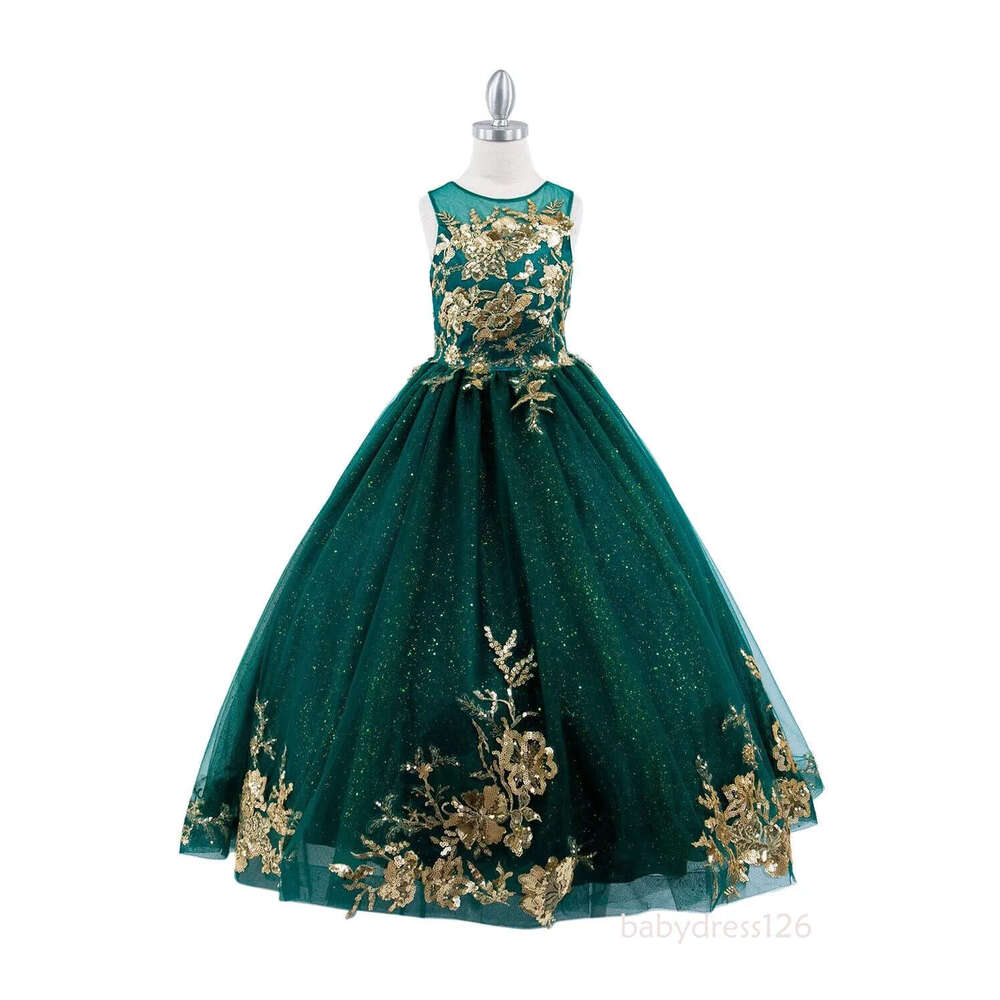 Green Mini Quinceanera Ball Gown Sheer Appliques Sparkly Long Flower Girl For Weddings Mexican Charro Pageant Dresses Baby M12