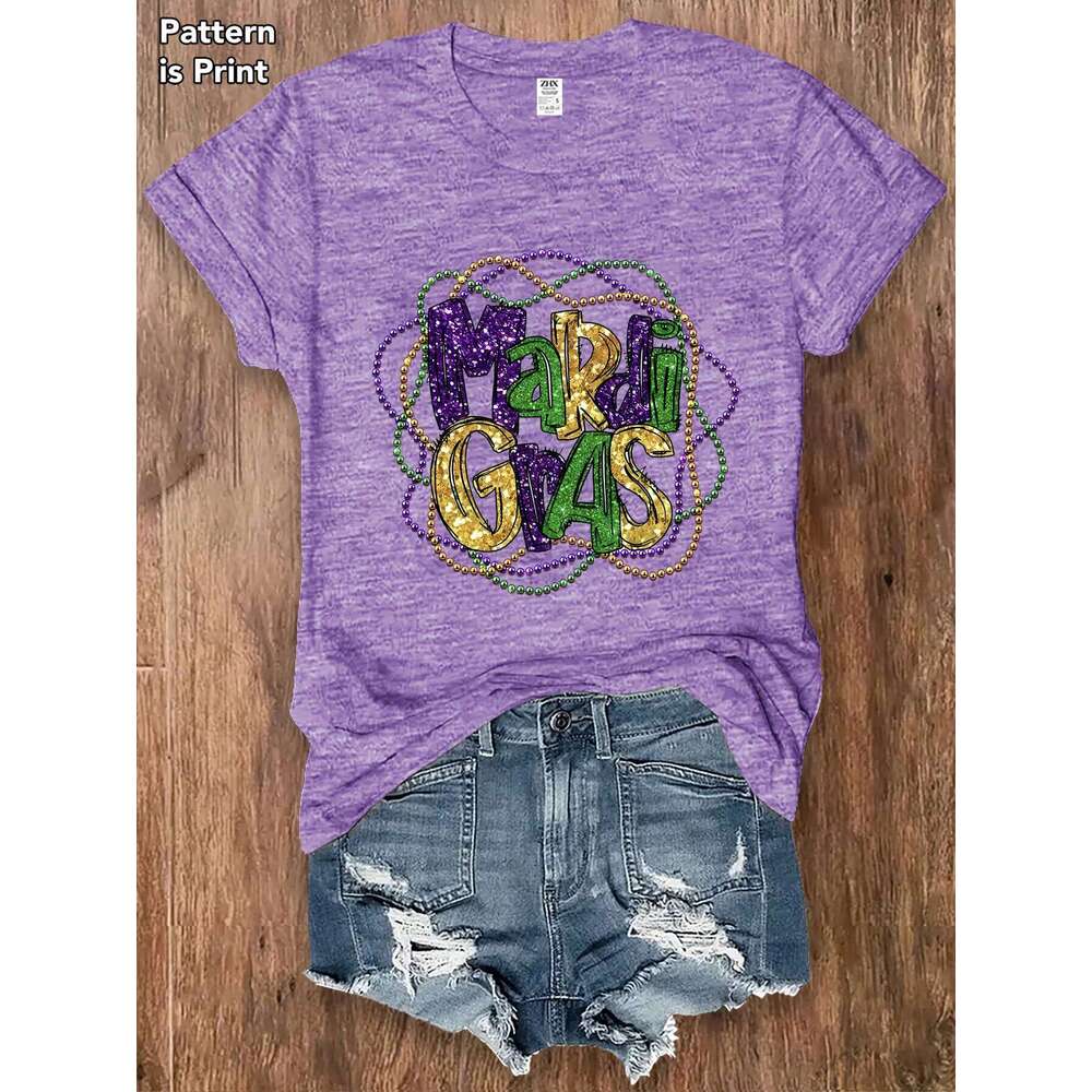 Women Mardi Gras T-Shirt Purple Green Gold Text Summer Short Sleeve Tee Casual Festival Party Gift Top Multi Colors Available Z260312