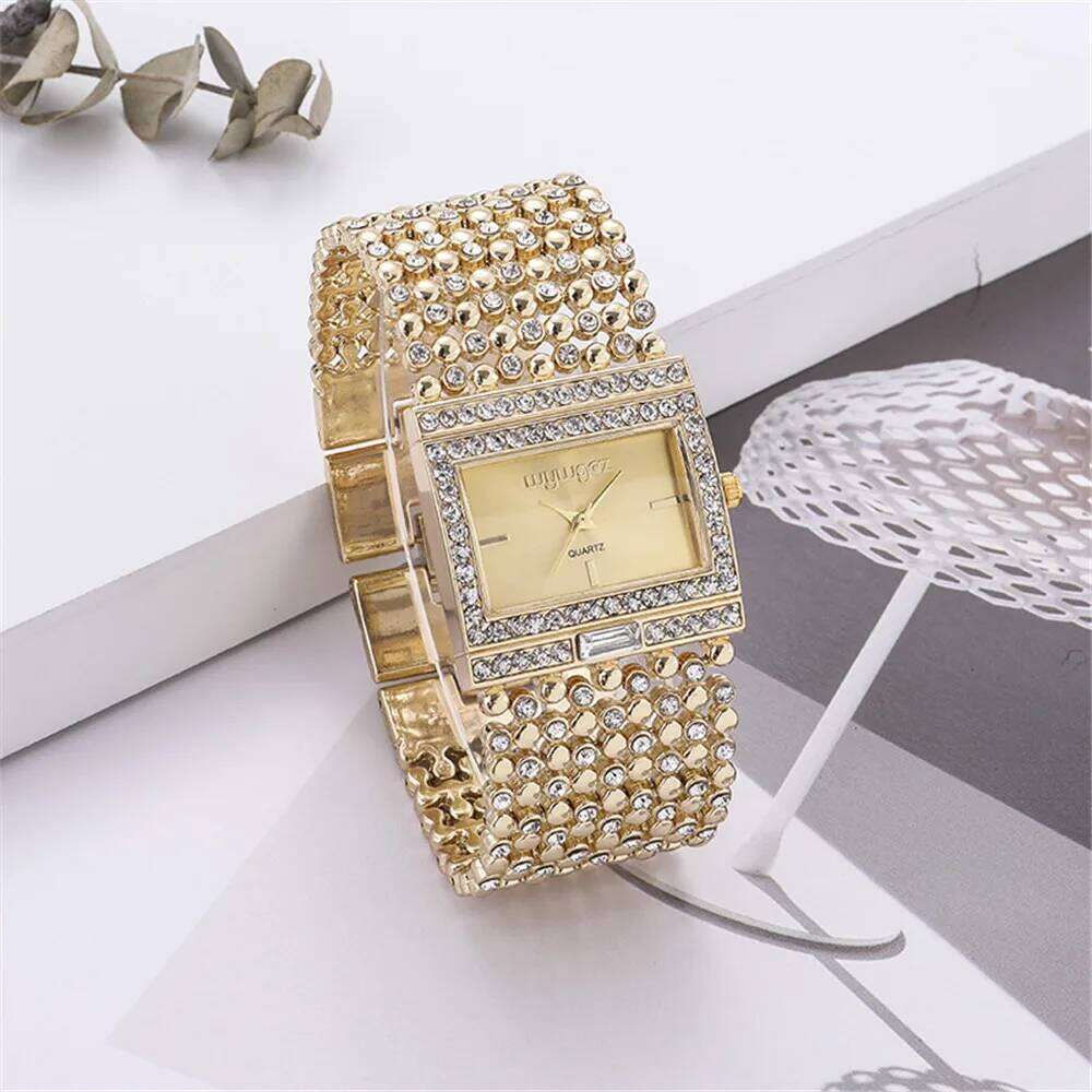 Luxury Simple Square Diamond Encrusted Quartz Watch Gold Skeleton Fashion Women's Clock Gift Dress Wristwatch