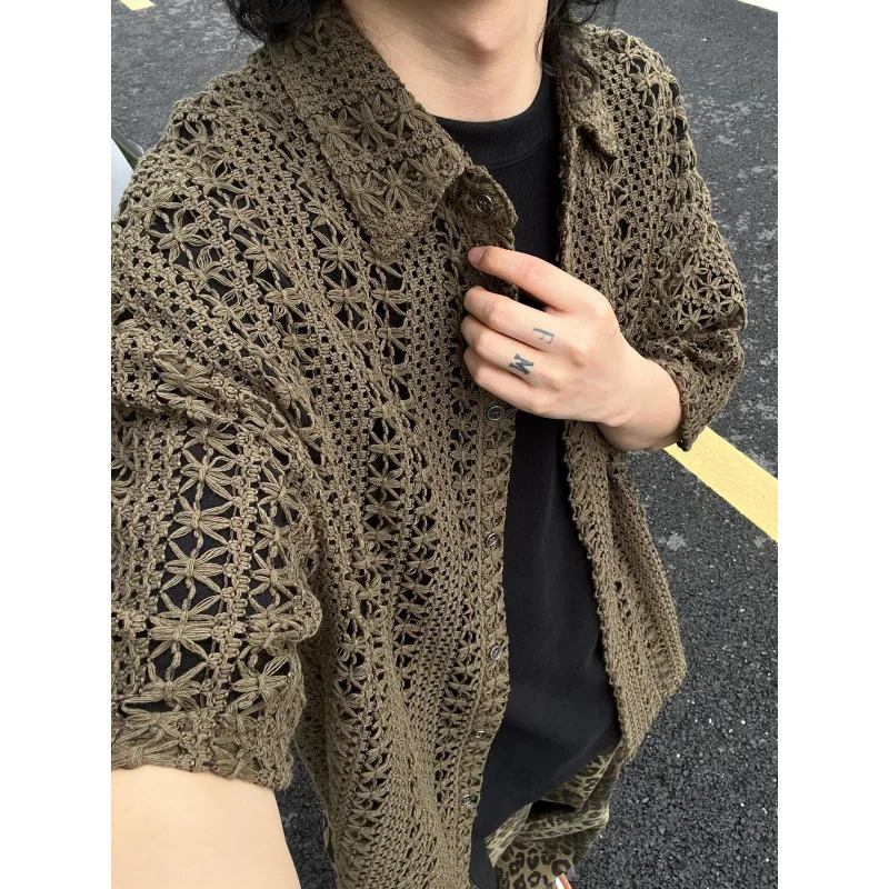 Fashion Army Green Knitted Hollow out Shirt Men Streetwear Transparent Lapel Short Sleeve Button Camisas Sexy Men Clothing 2XL-M 260311