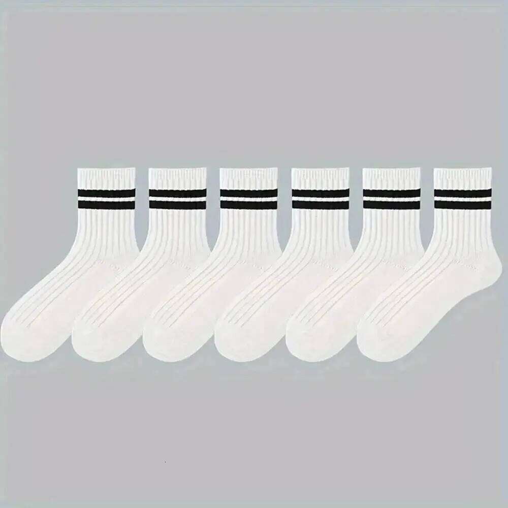 6 Pairs Men's Spring Autumn Simple Casual Black White Striped Breathable Mid Tube Sock High-quality Round Neck Socks Z260312