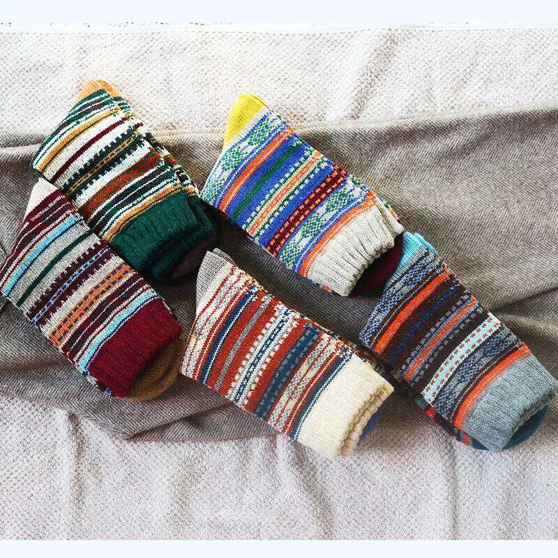 Winter New Men's Thick Warmth Harajuku Retro High Quality sStriped Fashion Wool Casual Socks 5 Pair Z260312