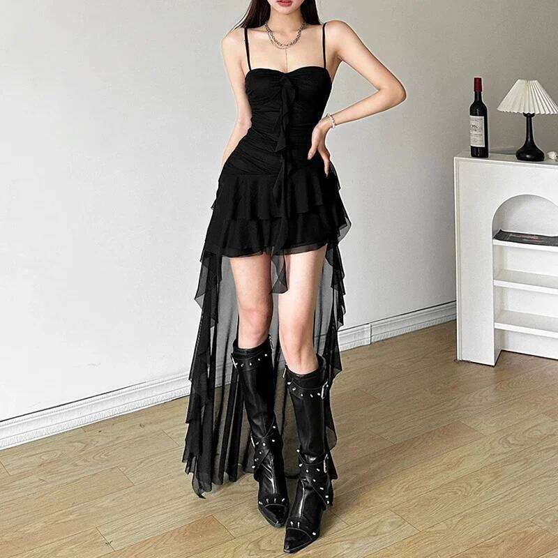 Y2K Irregular White Midi Dress Women Gothic Sexy Spaghetti Straps Ruffles Black Dresses Summer Korean Red Bodycon Vestidos C260312