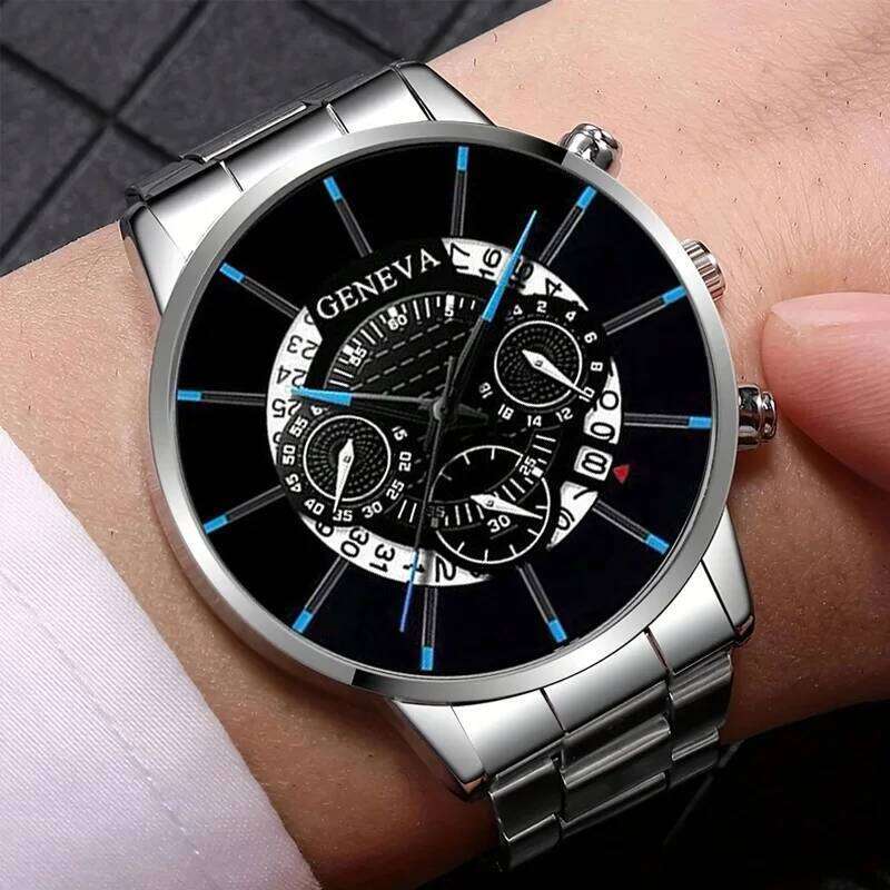 2pcs Luxury Mens Silver Quartz With Stainless Steel Bracelet Men Fashion Business Casual Watch Luminous Clock