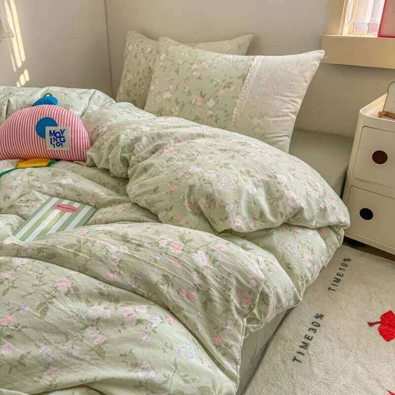 INS French Style Fresh Floral Lace Trim Four-Piece Set Washed Cloud Cotton Quilt Cover Dormitory Bed Sheet Sets H260312