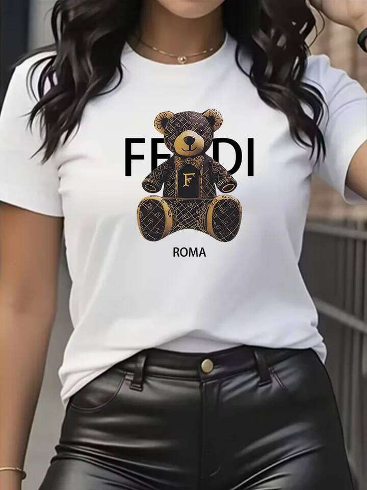 summer Graphic T-Shirt Short Sleeve Crew Neck with Soft Comfortable Spring Women's Light Blue Casual Teddy Bear Z260312