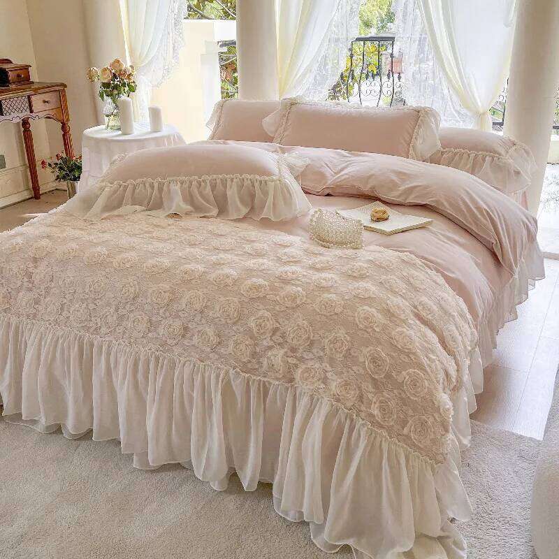 Korean Style Soft Cotton 3D Rose Lace Bedding Set, King Queen Princess Duvet Cover Bed Skirt Bedspread,High end Home 4pcs H260312