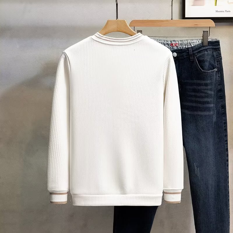 Autumn And Winter Fleece-lined Thickened Light Designer Hoodie Luxury Warm Ribbed Color-blocked Round-neck Sweatshirt For Men Slim-fit Casual Trendy B