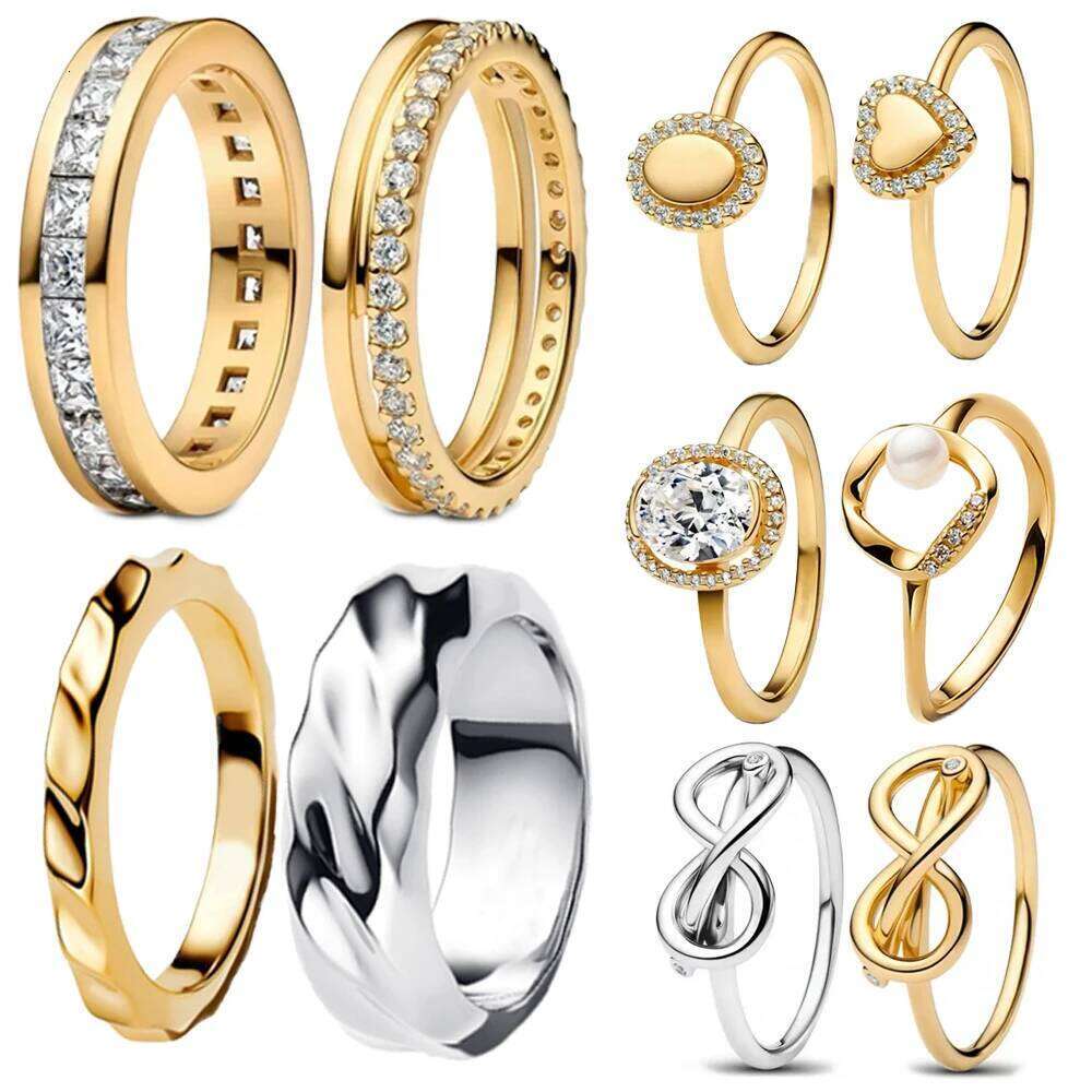 NEW Golden 925 Sterling Silver Curved Plain &Infinite &Oval Shining Double Ring Romantic Couple Date Jewelry Gift H260312