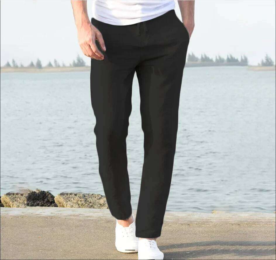 Men's Trousers Cotton Linen Fashion Casual Solid Color Breathable Loose Shorts Straight Drawstring Pants Streetwear Men