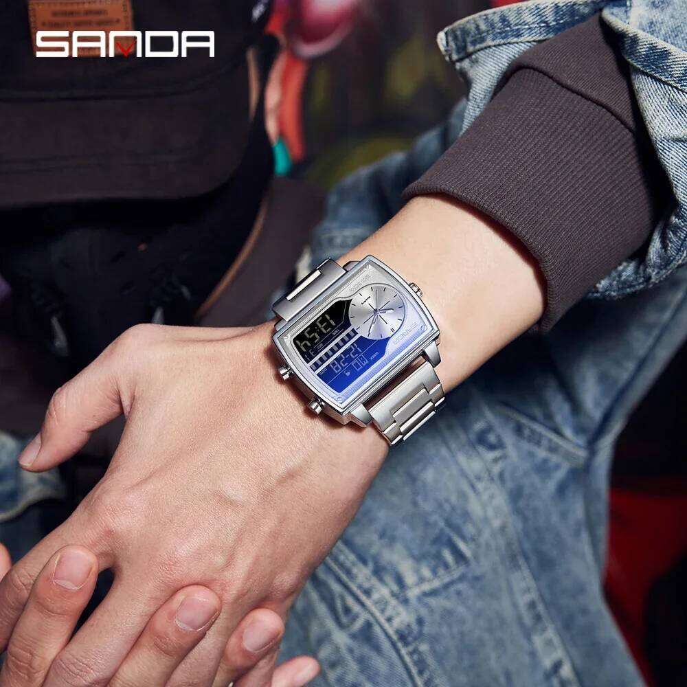 SANDA Top Brand Quartz Fashion Square Watch Men's Countdown Sports Waterproof Dual Display LED Digital Watches