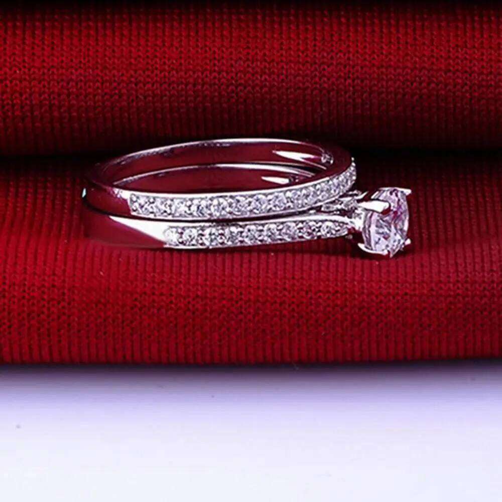 2Pcs/Set Shiny Cubic Zirconia Plated Silver Romantic Couple Finger Ring for Wedding W260311