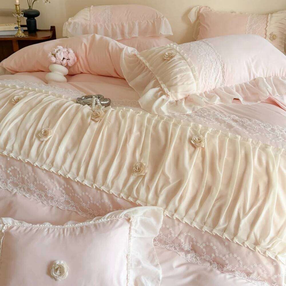 Princess Style Lace Ruffles Wedding Bedding Korean Soft Rose Flowers Four-Piece Set Duvet Cover Bed Sheet Pillowcase 4Pcs H260312