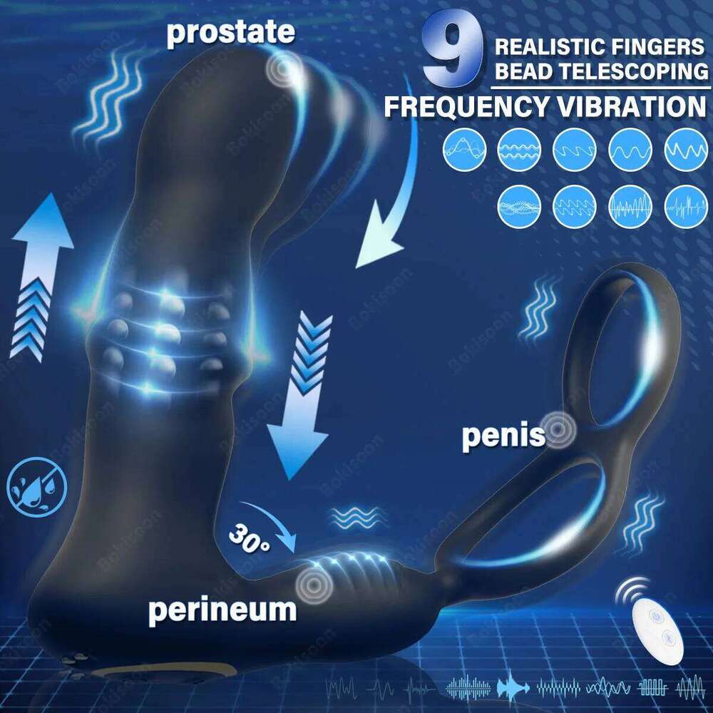 9 Wiggling Vibrating Prostate Massager Vibrator with Penis Ring Beads Telescopic Anal Butt Plug Male Sex Toys for Men Z260312