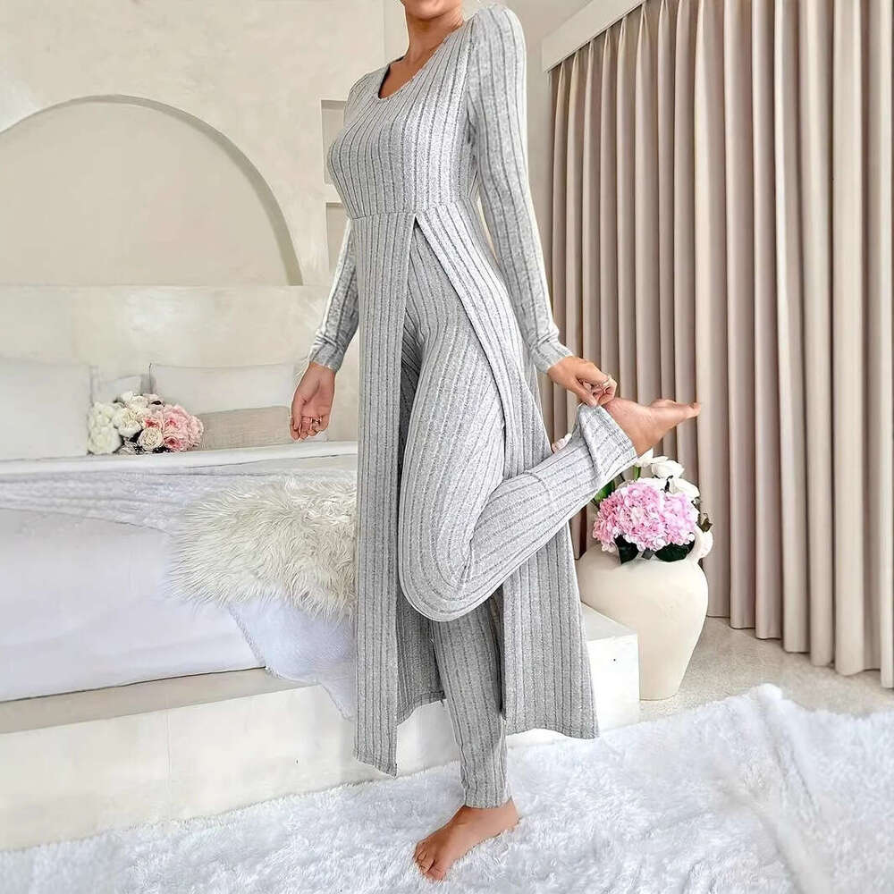 In-stock European American cross-border independent station Amazon new design round-neck split long-sleeve two-piece set for spring and autumn
