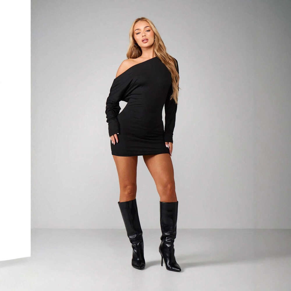Cross-Border Foreign Trade INS European and American Solid Color Slim 2025 Autumn New Style Asymmetrical Shoulder Long Sleeve One-Step Dress Women