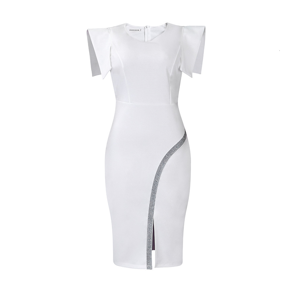 D380 Womens 2023 Summer New Short-Sleeve Bodycon Dress with Elegant Split and Shiny Trim
