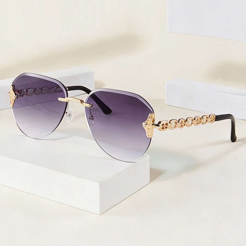 Frameless Cut Edge Light Luxury Women With Metal Chain Temples Hollow Slimming Sunglasses For Beach Photos UV Protection