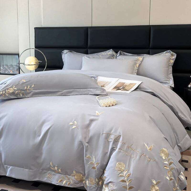Golden Flowers Sea Embroidery Bedding Set Beige Cotton Duvet Cover Flat or Fitted Bed Sheet Pillowcases Solid Color H260312